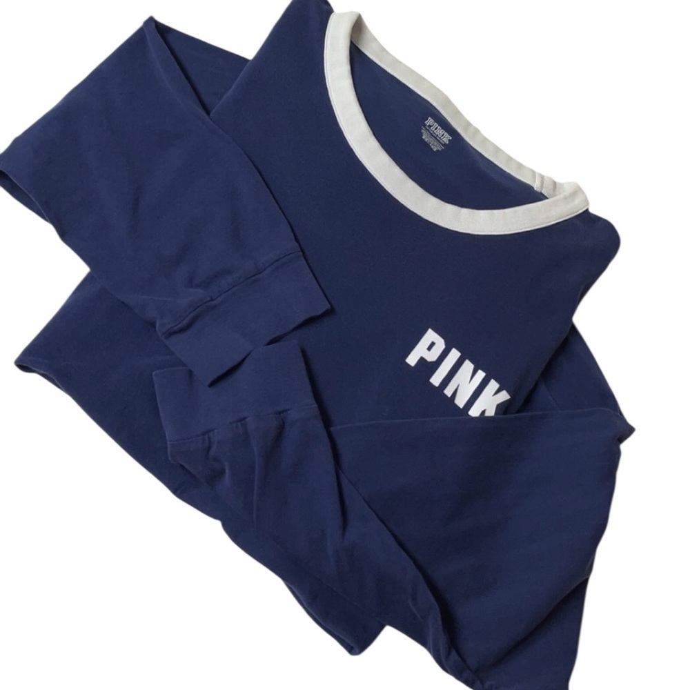 PINK Victoria's Secret Navy and White Ringer Woman’s Top Long Sleeve